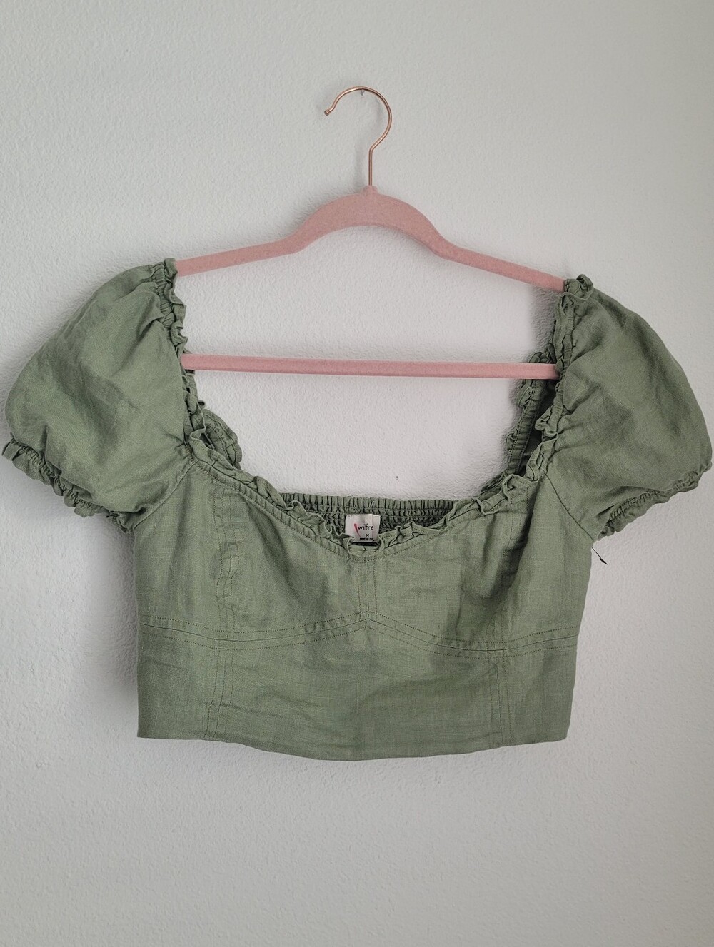 Aritzia Wilfred Linen Smocked Back Ruffle Crop Top Sage Green Sz M Cottagecore